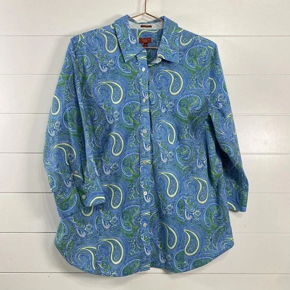 Talbots Shirt Womens 14W Blue Green Paisley Wrinkle Resistant Blouse Cotton - Picture 1 of 11